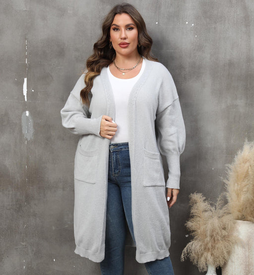 Color-Gray-Women Coat plus Size Women Clothes Loose Mid Length Woven Sweater Double Pocket Lantern Sleeve Sweater Cardigan-Fancey Boutique