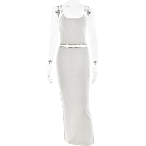 Color-Silver-Autumn Sexy Trend Backless Sling Top Sheath Dress Knitted Bright Silk Suit-Fancey Boutique