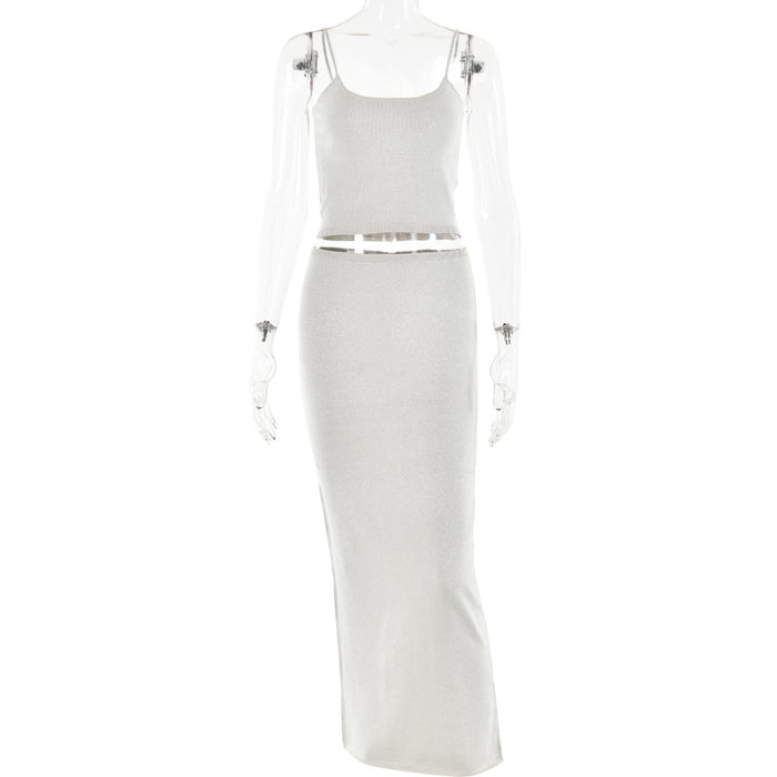 Color-Silver-Autumn Sexy Trend Backless Sling Top Sheath Dress Knitted Bright Silk Suit-Fancey Boutique