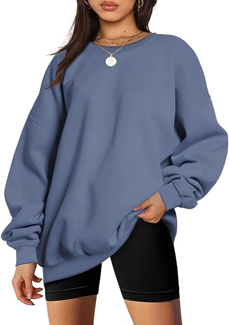 Color-Sea Blue-Women Clothing Round Neck Pullover Loose Casual Fleece Lined Oversized Sweater-Fancey Boutique