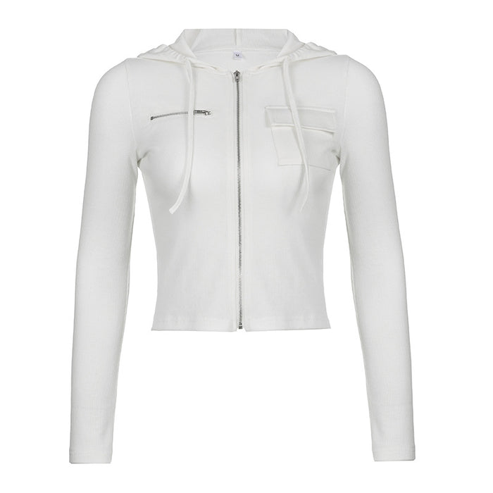 Color-White-Hooded Zipper Short Jacket Women Autumn Solid Color Cardigan Slim Fit Slimming Long Sleeves T shirt Top-Fancey Boutique