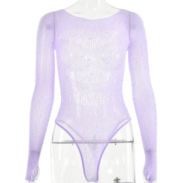 Color-Purple-Autumn Sexy High Elastic Knitted Sheer Long Sleeve Hollow Out Cutout Rhinestone Jumpsuit for Women-Fancey Boutique