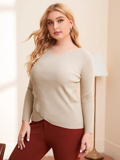 Color-Khaki-Plus Size Autumn Winter Women Clothing V Neck Solid Color Casual Loose Inner Wear Bottoming Korean Knitwear-Fancey Boutique