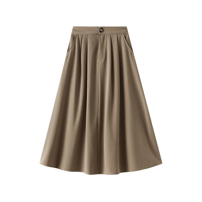 Color-Khaki-Skirt Women Autumn High Waist A line Skirt Long Skirt Slimming Large Hem Umbrella Skirt Drape Skirt-Fancey Boutique