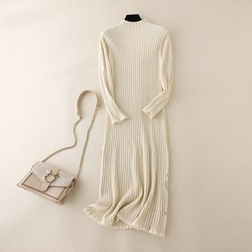 Color-Apricot-Women Clothing Overknee Dress Autumn Winter Women Half Turtleneck Striped Knitted Bottoming Dress Slim Fit-Fancey Boutique