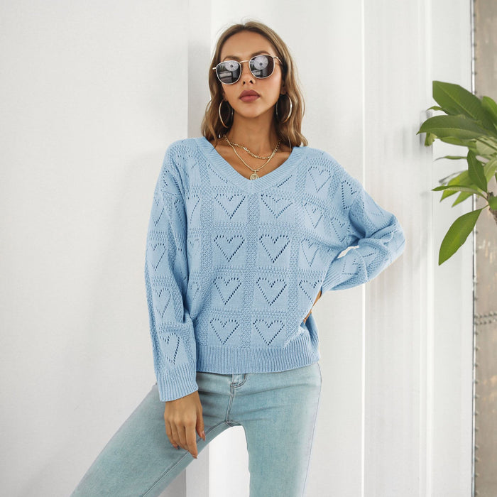 Color-Light Blue-Hollow Out Cutout out Heart Plaid Sweater Women Loose Autumn Winter Long Sleeved Knitwear Sweater-Fancey Boutique