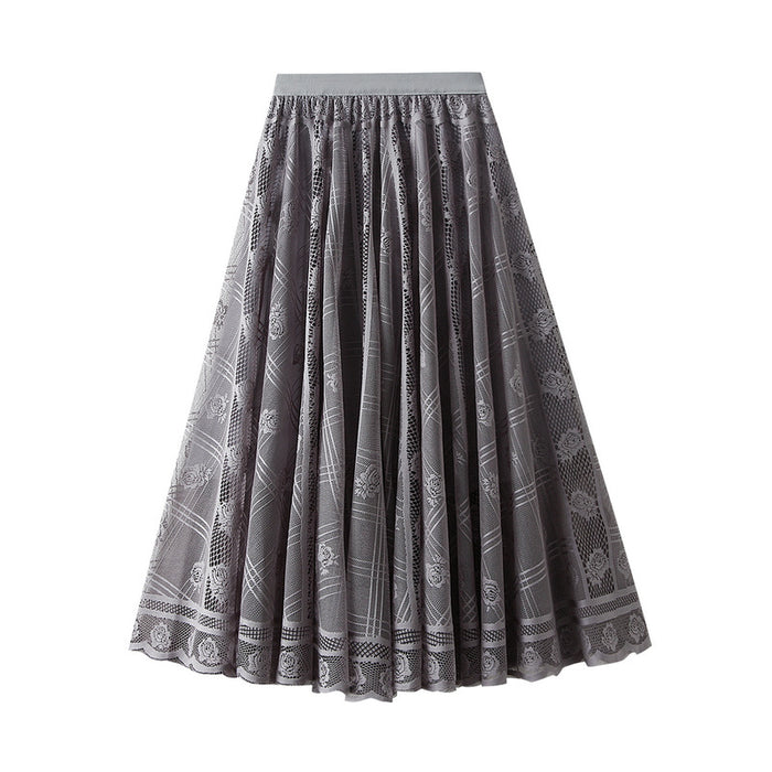 Color-Gray-Lace Skirt Women Spring Draping Effect Slimming A Line Skirt Pleated Mesh Long Skirt-Fancey Boutique