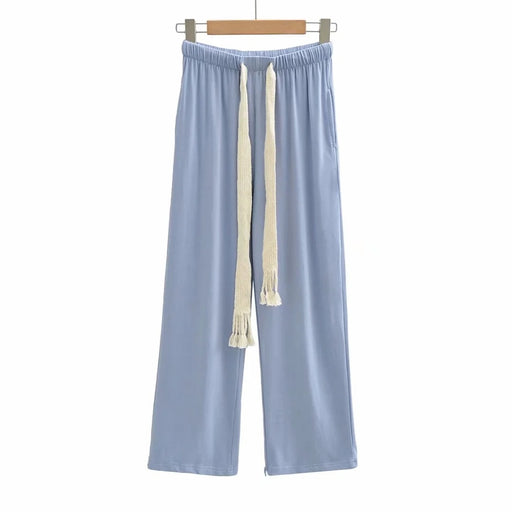 Color-Blue-Urban Casual Simple Long Wide-Leg Pants Early Autumn Women Casual Trousers Elastic Waist Drawstring Walking Pants-Fancey Boutique
