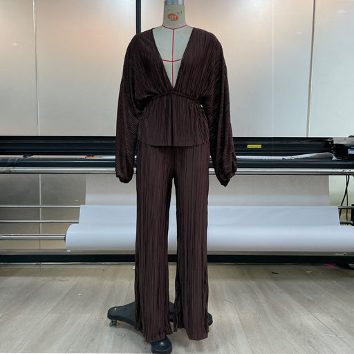 Color-Brown-Women Clothing Set Autumn Winter High Elastic Pleated Waist Deep V Plunge Plunge Sexy Casual Wide Leg Pants Two Piece Set-Fancey Boutique