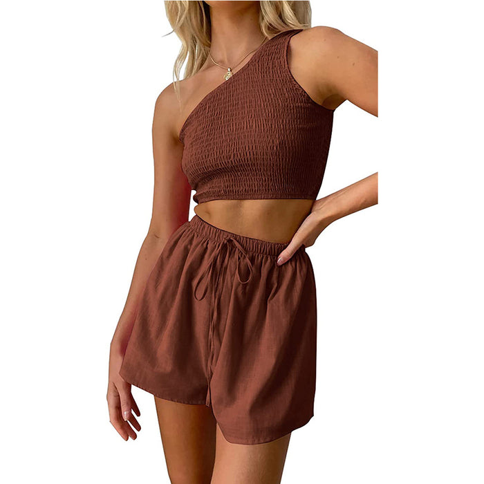 Color-Light Brown-Women One Shoulder Pleated Cropped Top Shorts Beach Two Piece Suit-Fancey Boutique