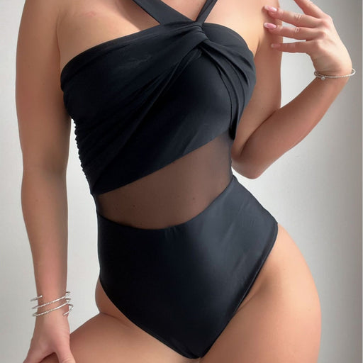 Solid Color Irregular Asymmetric Shoulder Strap Net Stitching One Piece Swimsuit-Fancey Boutique
