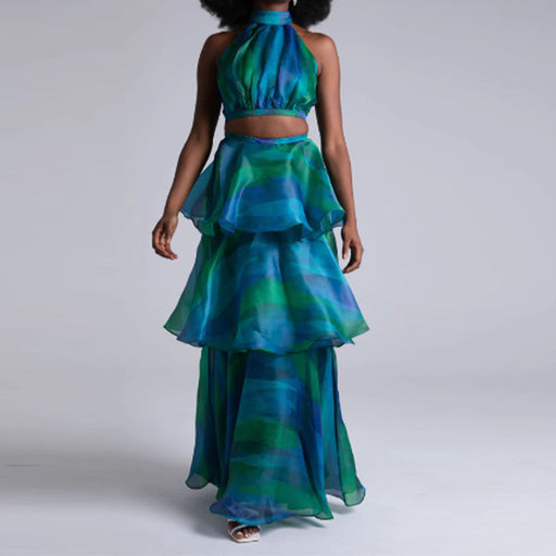 Fall Halter Tie Dye Puffy Tiered Ruffle Maxi Dress-Peacock green-Fancey Boutique