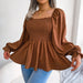 Color-Coffee-Spring Summer Casual Wooden Ear Square Collar Long Sleeve Chiffon Shirt Women Clothing-Fancey Boutique