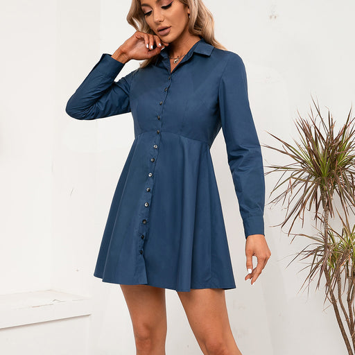 Color-Blue-Solid Color Single Breasted Long Sleeve Shirt Slim Fit Large Swing Dress Shirt Women-Fancey Boutique