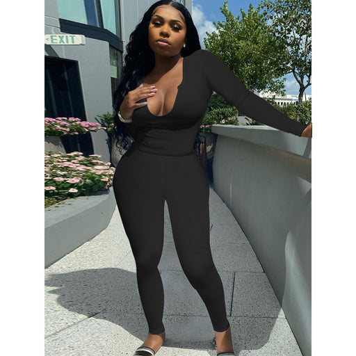 Color-Black-Women Clothing Sexy Deep V Plunge Plunge Long Sleeve Trousers Suit Solid Color Sanding Stretch Two-Piece Set for Women-Fancey Boutique