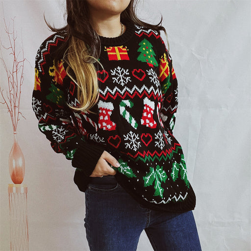 Color-Black-Christmas Sweater Christmas Stockings Snowflake Sweater Loose Round Neck Long Sleeve Sweater Women-Fancey Boutique