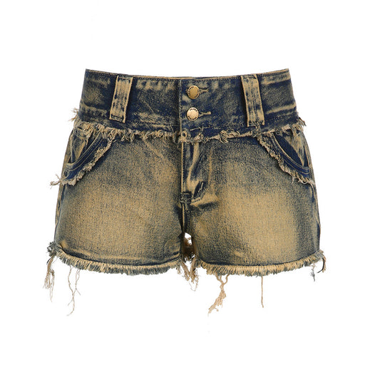 Color-Blue-Street Retro Washed Distressed High Waist Double Buckle Raw Hem Jeans Western Sexy Sexy Slimming Super Short Shorts-Fancey Boutique
