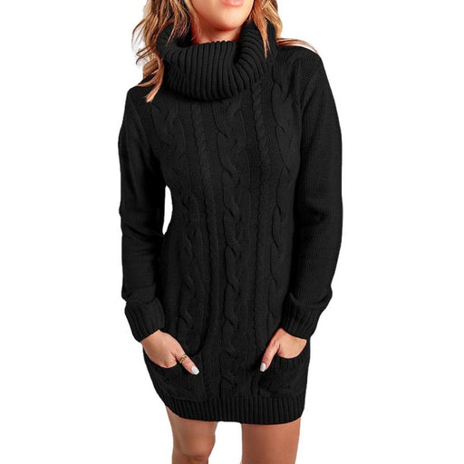 Color-Black-Autumn Winter High Neck round Neck Knitted Dress Sweater-Fancey Boutique