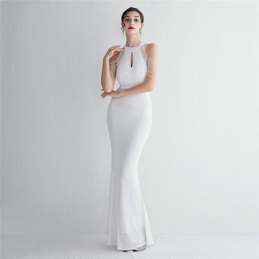 Color-White-Sequined Craft Beading Cocktail Evening Dress Elegant Long Halter Slim Fit Fishtail-Fancey Boutique