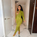 Color-Green-Sexy V-neck Long Sleeve Zipper Two-Piece Set Nightclub Uniforms-Fancey Boutique