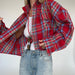 Short Polyester Cotton Collared Elegant Plaid Long Sleeve Shirt Spring Summer Cardigan-Fancey Boutique