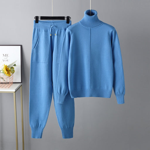 Color-Blue-Casual Set Autumn Winter Turtleneck Solid Color Sweaters Two Piece Set-Fancey Boutique