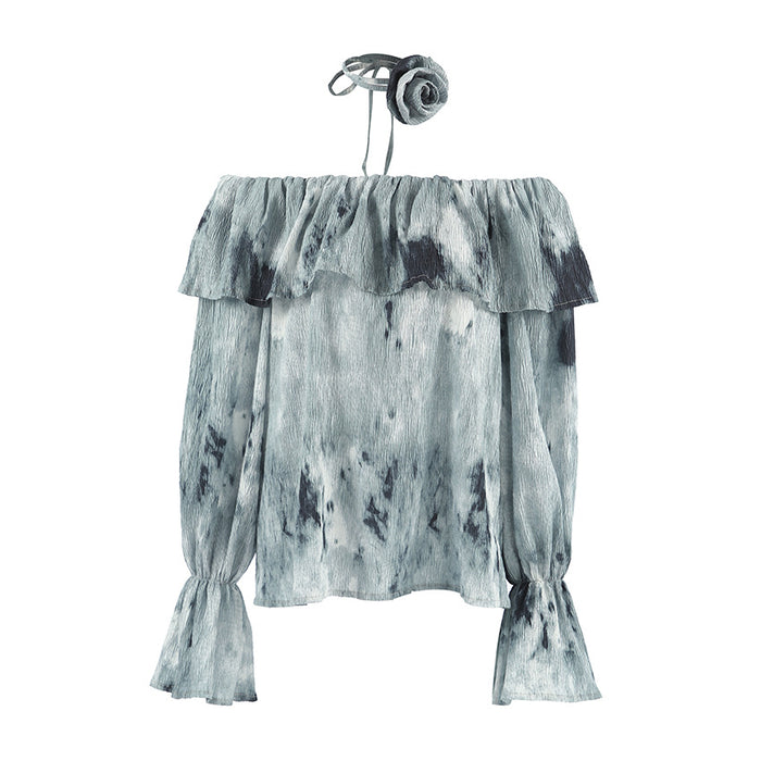 French Design Tie Dyed off Neck Bell Sleeve Shirt Autumn Arrival Top for Women