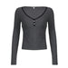 Intellectual Woman V neck Lace Stitching Breasted Split Chest Base Basic All-Matching Slim Long Sleeve Top-Dark Grey-Fancey Boutique