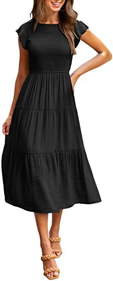 Color-Black-Women Clothing Popular Pinfei Flounced Sleeve Pleating Layered Short Sleeve Large Swing Dress-Fancey Boutique