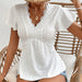 Knitted Jacquard Hollow Out Cutout Lace Trim See Through V Neck Short Sleeved T Shirt Spring Summer Elegant Stretch Long Shirt Women Top-Fancey Boutique