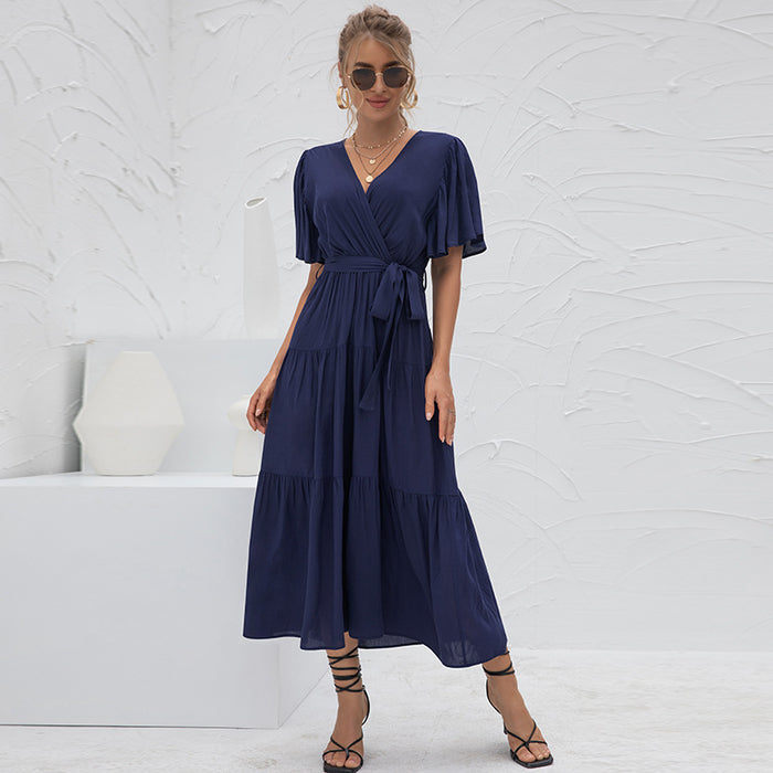 Color-purplish blue-Summer Arrival Women Clothes Sexy V-neck Long Patchwork Dress-Fancey Boutique