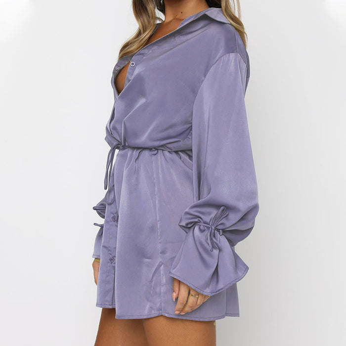 Color-Sexy Elegant Satin Flared Long Sleeve Lace up Loose Dress-Fancey Boutique