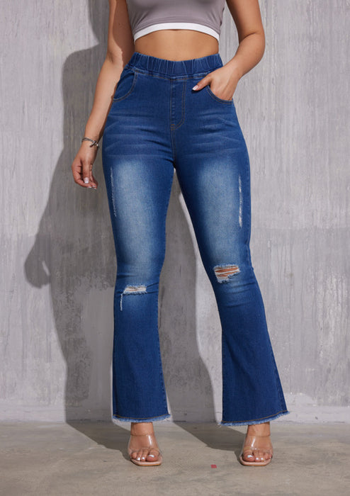 Ripped Slim Fit Wide Leg High Waist Elastic Waist Jeans for Women-Blue-Fancey Boutique