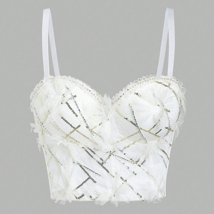 Sexy White Lace Starry Sequ Boning Corset Bra Outer Wear Small Dress Outer Wear-Fancey Boutique