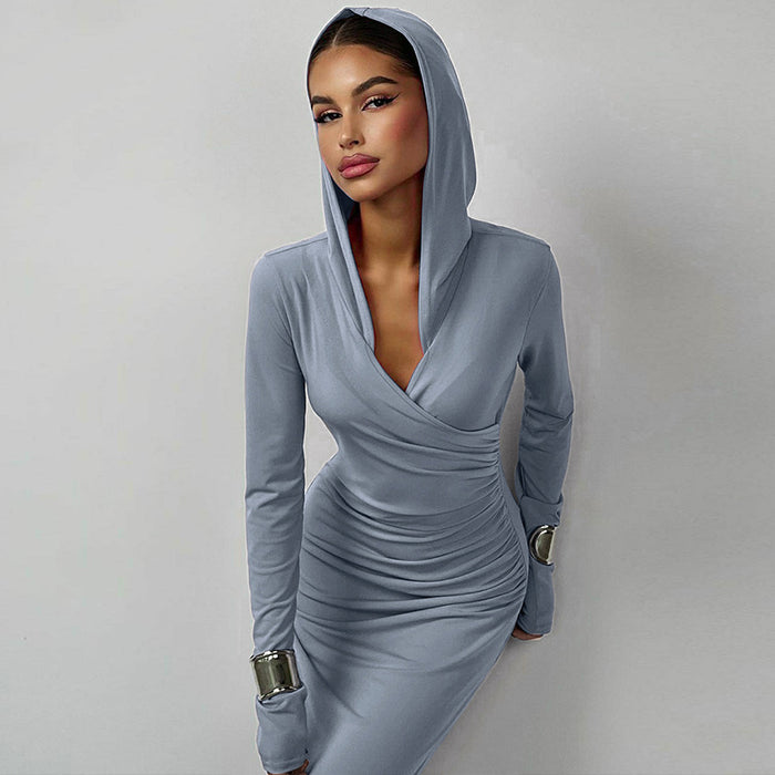 Color-Light Blue-Women Clothing Winter Slim Fit Hood Sports Casual Solid Color Dress-Fancey Boutique
