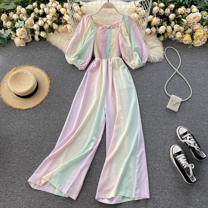 Vacation Jumpsuit Early Autumn Women Clothing Design Gradient Rainbow Sweet Puff Sleeve Waist Wide Leg Pants-Pink-Fancey Boutique