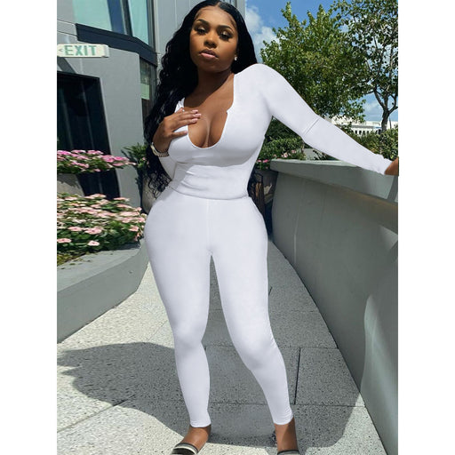 Color-White-Women Clothing Sexy Deep V Plunge Plunge Long Sleeve Trousers Suit Solid Color Sanding Stretch Two-Piece Set for Women-Fancey Boutique