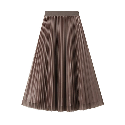 Color-Khaki-Veil Skirt Women Spring High Waist Elastic Waist Tulle Skirt Pleated Skirt Two Sided-Fancey Boutique