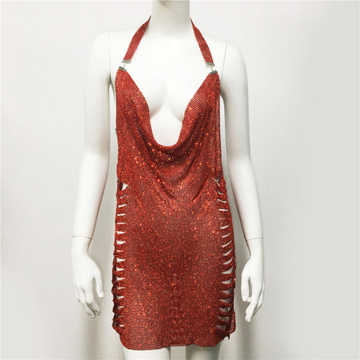 Women Clothing Popular Metal Rhinestone Dress Sexy Party Nightclub Halter Dress Women-Red-1-Fancey Boutique