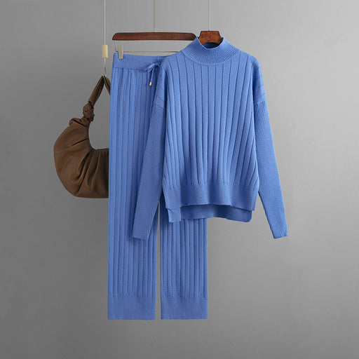 Color-Blue-Women Clothing Autumn Winter Sunken Stripe Mock Neck Sweater Suit Solid Color Loose Warm Pullover Two Piece Set-Fancey Boutique