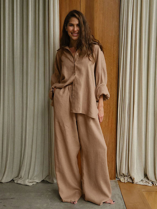 Long Sleeved Casual Suit Autumn Women Loose Casual Cotton Shirt Trousers Suit-Khaki-Fancey Boutique