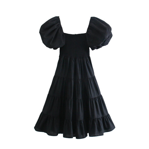 Color-Black-British Spring Square Collar Puff Sleeves Slim Slimming Dress-Fancey Boutique