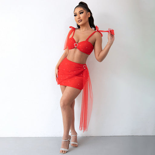 Color-Red-Summer Women Clothing Solid Color Voile Spaghetti Straps Corset Hip Skirt Two Piece Set-Fancey Boutique