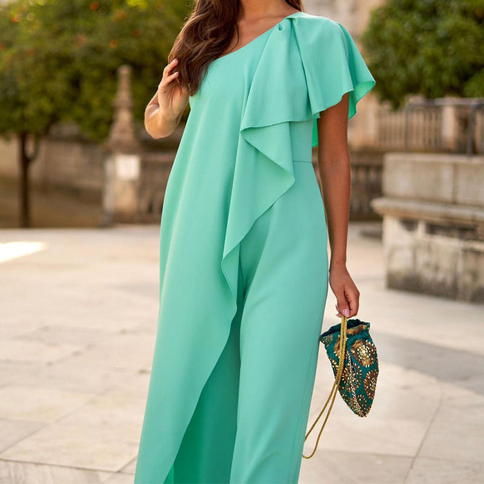 Color-Green-Summer Women Solid Color Loose Shoulder Long Jumpsuit-Fancey Boutique