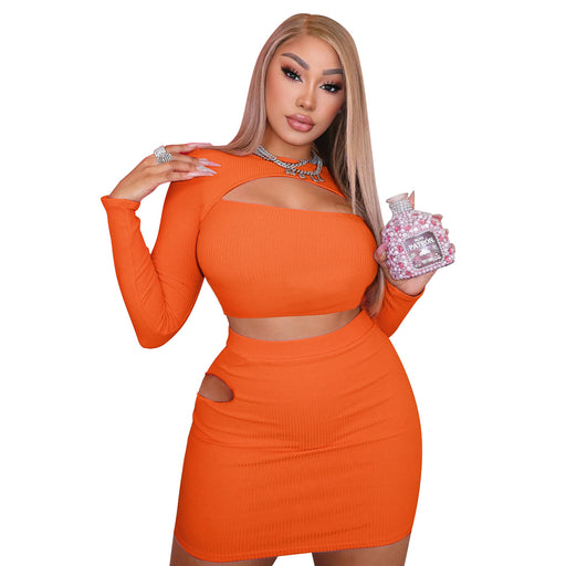 Color-Orange-Spring Women Clothing Sexy Hollow Out Cutout Tight Skirt Long Sleeve T shirt Suit-Fancey Boutique