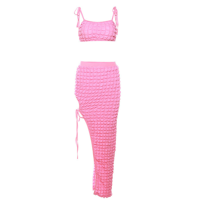 Color-Pink-Fall Women Clothing Sexy Solid Color Slim Fit Cropped Top High Waist Slit Maxi Skirt Set Women-Fancey Boutique