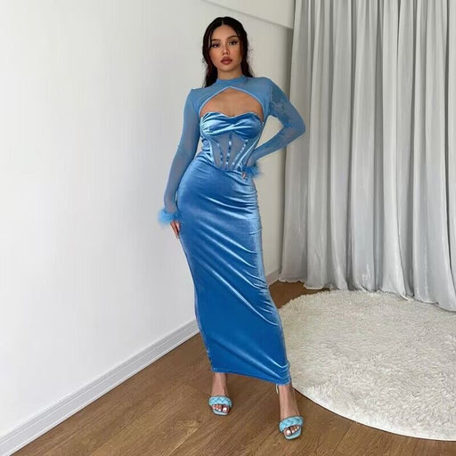 Color-Blue-Fall Women Clothing Plush Mesh Stitching Night Club Hollow Out Cutout Dress Slim Fit Dress-Fancey Boutique