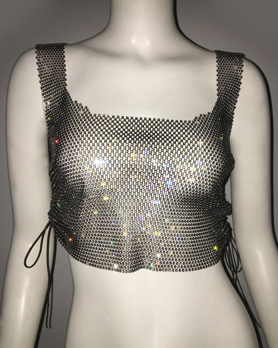 Sexy Vest Top Drawstring Vest Lace Up Adjustable Fishnet Rhinestone Sweet Spicy Top-Tank Top-Black-Fancey Boutique