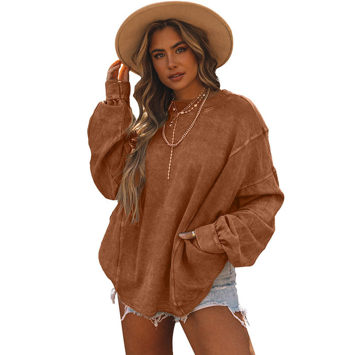 Color-Autumn Solid Color Loose Sweater Women Simple Pullover round Neck Long Sleeves Top Women-Fancey Boutique