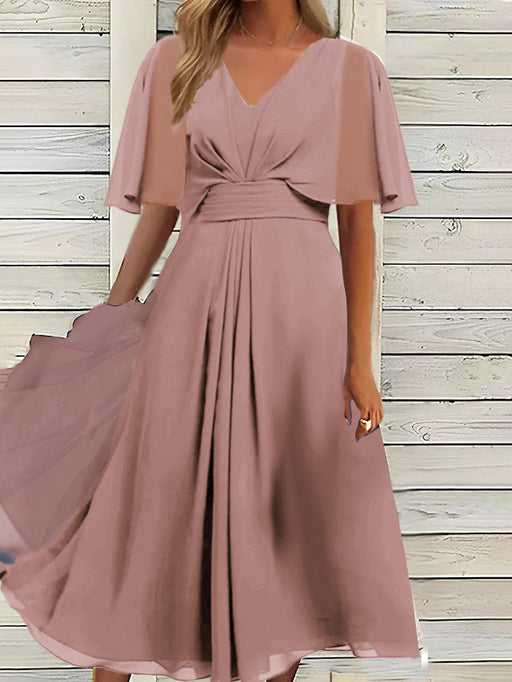 Color-Pink-Summer Solid Color V Neck Waist Trimming Casual Swing Dress-Fancey Boutique